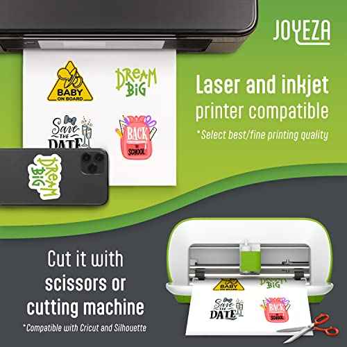 JOYEZA Premium Printable Vinyl Sticker Paper for Inkjet Printer - 25 Sheets Matte White Waterproof, Dries Quickly Vivid Colors, Holds Ink well- Tear Resistant - Inkjet & Laser Printer