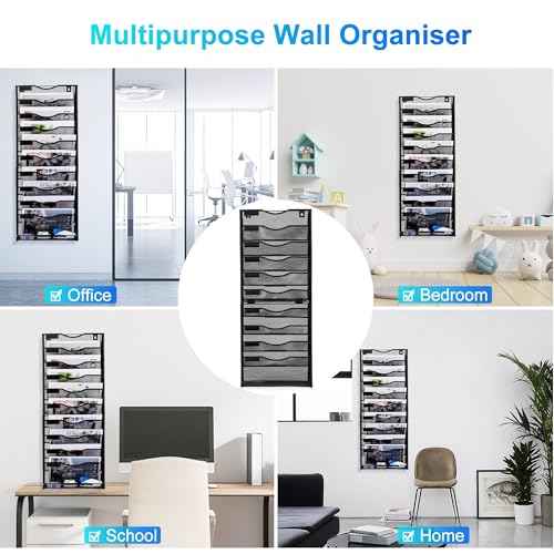 10-Tier Wall File Organizer, Mesh Mail Organizer Wall Mounted Paper Document Holder, Vertical Magazine Rack, Metal Hanging Clipboard Storage Basket for Office Home School Organization, Black