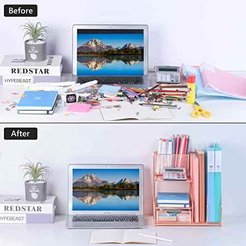Topwey Rose Gold Desk Accessories, Office Supplies Desk Organizer Caddy with Sliding Drawer, Double Tray, File Organizer and pen holder for Home, Office School