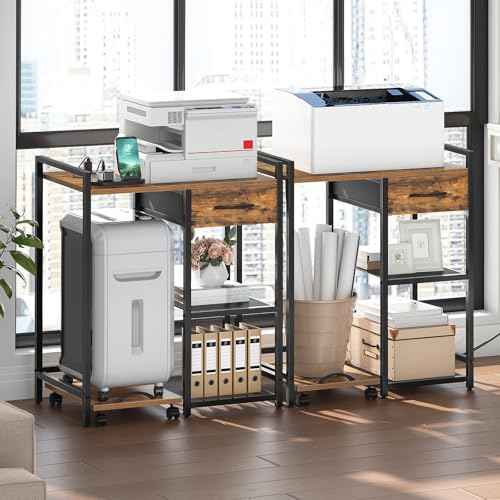 HOOBRO Printer Stand with Charging Station, Printer Shredder Stand with Fabric Drawer, Table for Fax Machine, Printer Storage Office Organizer, for Home Office, Rustic Brown and Black BF72UPS01