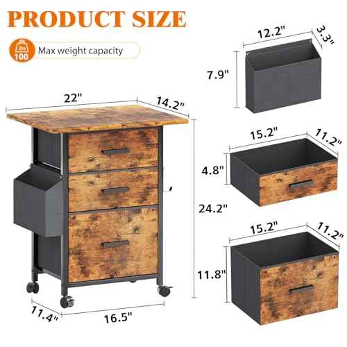 Mexin 3 Drawer File Cabinet with 24'' Extended Desktop, Mobile Filing Cabinet, Printer Stand, Rolling Printer Stand with Side Bag, Fabric Drawer, Fits A4 Size, Home Office,Rustic Brown
