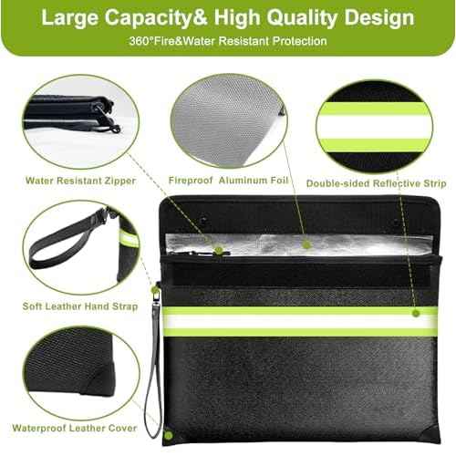 6500¡ÆF Fireproof Document Bag with Lock,2025 Upgraded Fireproof/Waterproof Money Bag with Zipper/Reflective Strip,Storage Pouch for A4 Letter Size Document,Cash,Cell Phone,Passport
