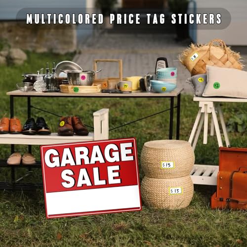 Garage Sale Kit (10 Pcs), 5 Pack Garage Sale Signs with Metal Stakes, 5 Pack Yard Sales Price Stickers, Directional Arrows Sign, Yard Sales Supplies, Double Sided, Weatherproof, Large Price Tags