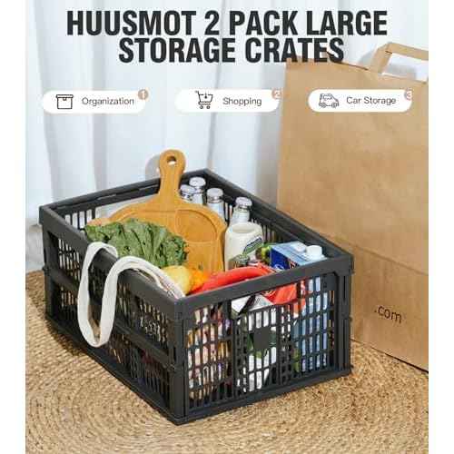 2-Pack Pastel Plastic Storage Baskets, Collapsible Crates for Organizing, Space-Saving Bins for Classroom, Kitchen, Office, Bedroom (Dark Grey, 19" x 13" x 9")
