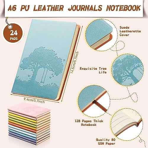 24 Pcs PU Leather Journals Notebook Bulk Colorful Tree Life Lined Journal Notebook Soft PU Leather Cover Ruled Writing Notebook for Writing Office School Home Business 128 Pages, A6 (Fresh Color)