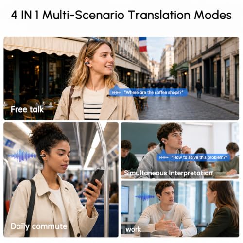 KOUO Black Clip-On Translation Earbuds with LCD Touch Screen for Travel & Study