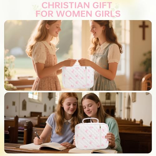 Pink Bow Bible Cover Case for Women Large Bible with Handle - Quilted & Organized