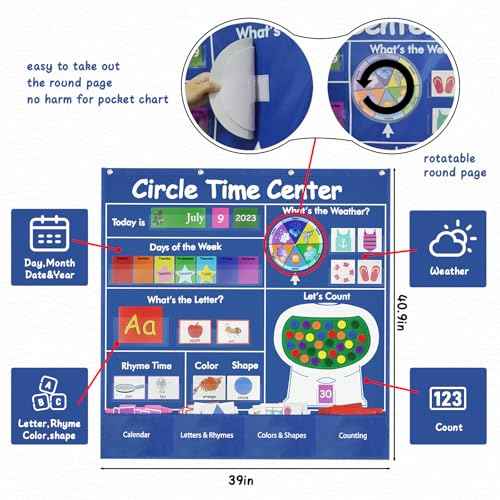 Circle Time Learning Center-Montessori Toy for 3 4 5 Year Old Pocket Chart Calendar Set Learning Calendar Weather,Alphabet,Counting Number,Color,Classroom Calendar Pocket Chart for Homeschool Supplies