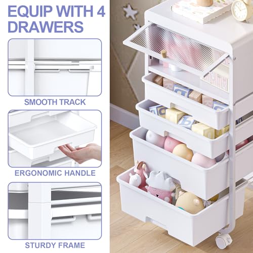 Utility-Rolling-Storage-Drawer-Craft-Cart-Organizers with 4 Drawers & Dust-proof Door for Kid Craft Art Room,Bedroom,Home Office, Craft Drawer cart, Classic White