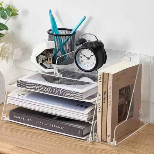 Acrylic Desk Organizer 4-Tier with Vertical File Holder ? Durable Letter Tray & Book Organizer for Home Office, Magazines, Documents & Stationery ? Sleek Modern Space Saver