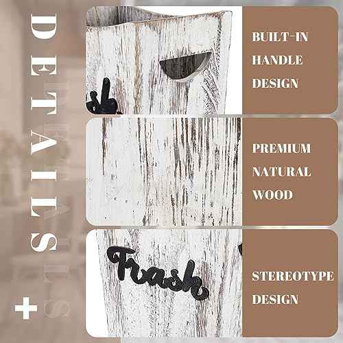 Maxcheck 2 Pcs Farmhouse Bathroom Wood Trash Can, 2 Sizes (3.35/2 Gallons) Rustic Square Wastebasket Bin with Convenient Handle for Bathroom, Kitchen, Bedroom, Office(White)