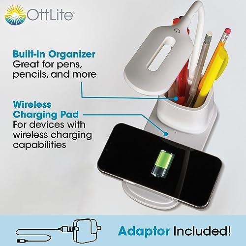 Ottlite Organizer LED Desk Lamp with Wireless Charging - 3 Color Temperatures, Dimmable with Touch Activated Controls, Flexible Neck - Includes Storage Area for Desk Supplies