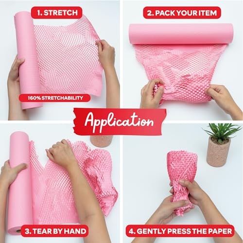 Pink Honeycomb Packing Paper for Moving 12x66 Feet - Cushion Wrap with Fragile Stickers