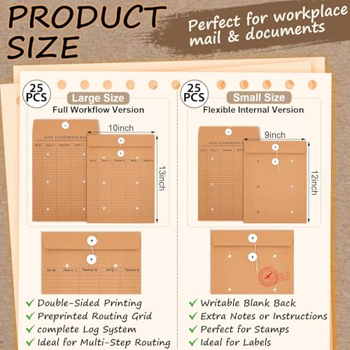 Crtiin 50 Pack Interoffice Envelopes with String Tie, 10x13 & 9x12 Sizes, Bulk Office Mailers