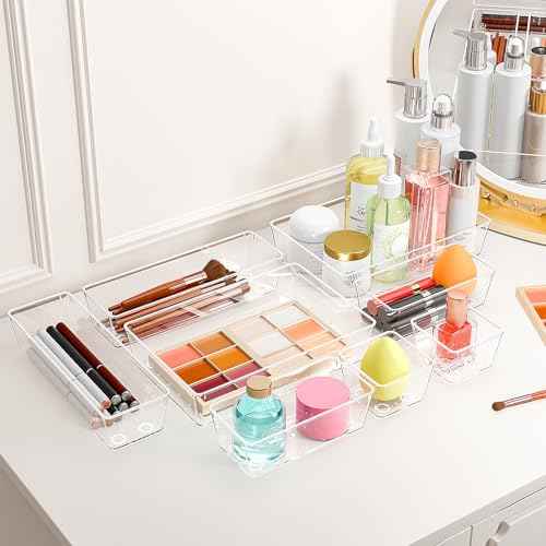 Clear Plastic Drawer Organizers Set of 45 Vanity Organizers Stackable Storage Bins Dividers Bathroom Organizers Storage Vanity Organizer Bins for Makeup, Kitchen Utensils, Jewelries, Office