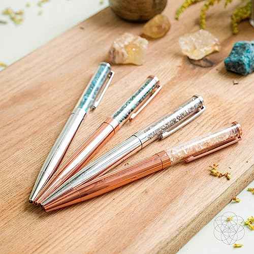 Conscious Items - Crystal Pen Set Citrine Malachite Pyrite Apatite - Rose Gold Pen Set with Crystals - Real Natural Healing Crystal Pens with Crystal - Unlimited Abundance - Manifestation Pen Set