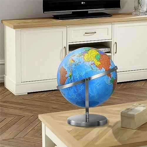 World Globe with Stainless Steel Stand 13 inch, 720 Rotating & HD Waterproof Material, Teaching/Geographic/Decorative Globes with Clear Text for Elementary, Classroom, Home, School, Office