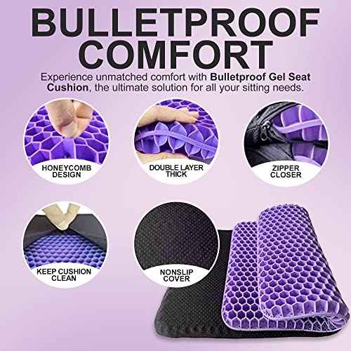 Bulletproof Gel Seat Cushion | Ultra Soft Large Cushion with Cooling Gel Pad & Padded Cover | Orthopedic Cushion for Pressure Relief and Sitting Sores | Seat Cushion for Seniors, Car & Office