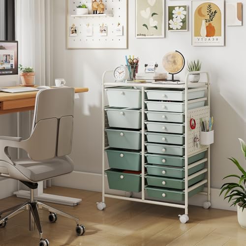 Giantex Green Gradient 15-Drawer Rolling Storage Cart with Metal Tabletop & Pegboard