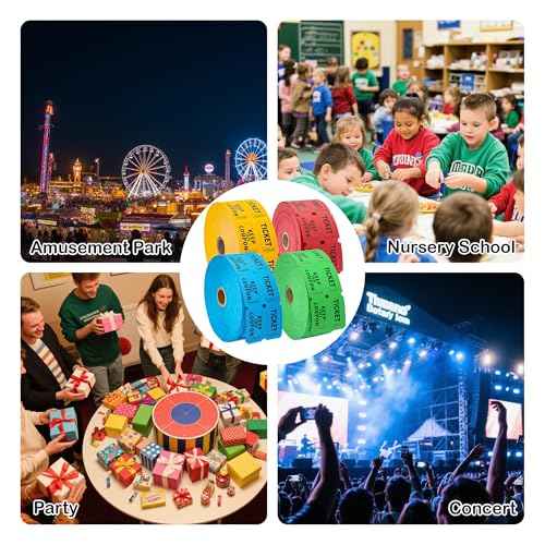 4800 Double Raffle Tickets, 1200 Tickets Per Roll, Assorted 50/50 Raffle Tickets Roll for Events, Entry, Carnivals, and Door Prizes (Blue/Red/Green/Yellow)