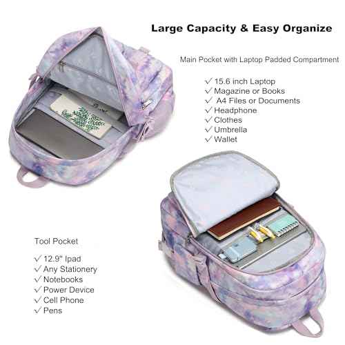 Hidds Laptop Backpacks 16 Inch School Bag College Backpack Anti Theft Travel Casual Daypack Bags Cute Bookbags Large Colorfull Carry on Back Pack for Teens Girls Women Students (Tie-Dye Purple)