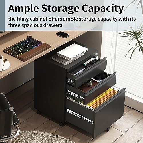 Approgreent 3-Drawer Mobile File Cabinet with Lock - Black, Under Desk Home Office Storage (Variation 02-a)