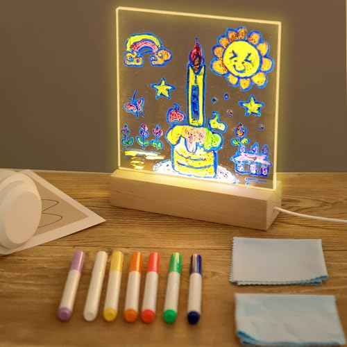 5.9 x 5.9 Inch Warm LED Message Memo Note Board with Colors, Clear Acrylic Desktop Light Up Dry Erase Drawing Writing Board with Stand