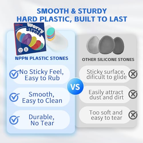 Sensory Stones 6 Pack - Hard Plastic Worry Stones for Adults & Autism Kids, 11 Textured Calming Toys for Anxiety Relief, Quiet Fidget Toys for Classroom & Office