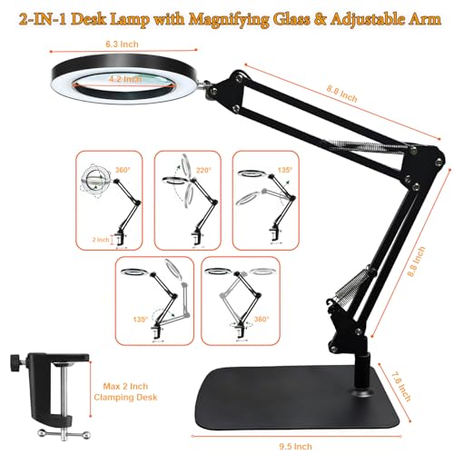 15X Magnifying Glass with Light ? Real Glass Lens, 3 Color Modes & Adjustable Brightness ? 2-in-1 Desk Lamp with Clamp & Heavy Base ? Flexible Swing Arm ? Ideal for Crafts, Reading, Repair, Seniors