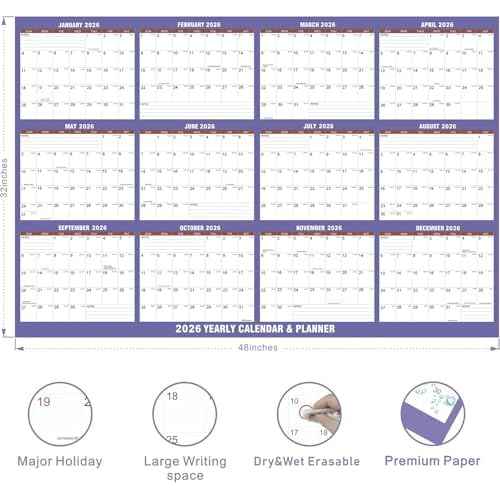 32" x 48" 2026 Wall Calendar 12 Month, Large XL Wet & Dry Erase Calendar for Wall Laminated Annual Yearly Wall Planner Reversible, Horizontal/Vertical