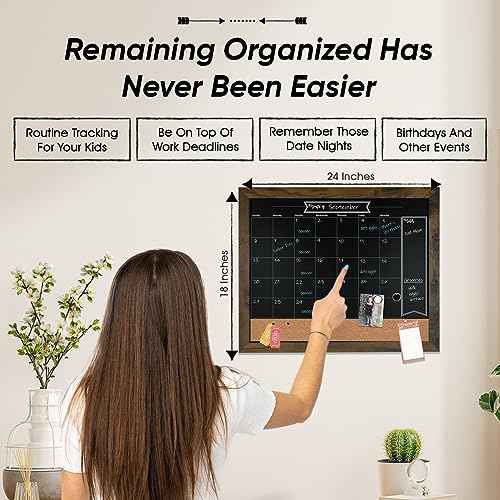 Loddie Doddie Chalk Board Calendar for Wall & Bulletin Combo - 18 x 24-Inch Rustic Frame - Writable Chalk Calendar Surface, Magnets & Push Pins - Menu Board for Kitchen