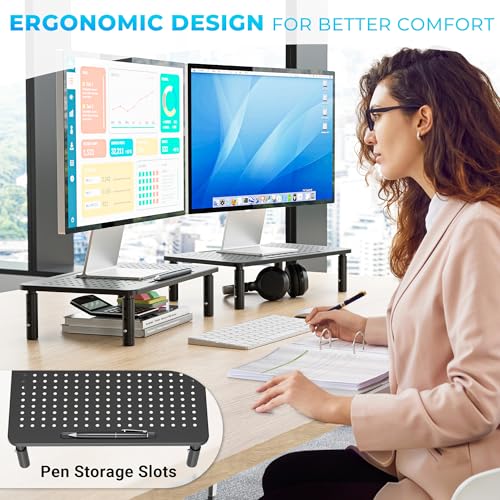 BONTEC 2 Pack Adjustable Monitor Stands with Drawer, Supports 44lbs - Black