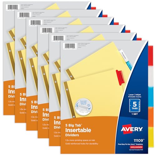 Avery 5-Tab Multicolor Paper Dividers 6-Pack - Insertable Big Tabs for Binders