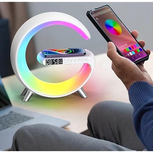 Smart Table Lamp with 4-in-1 Wireless Charger, Night Light, Bluetooth Speaker, Alarm Clock, App Control, Office, Bedroom, Home Decor (White)