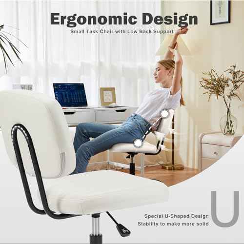 DUMOS Small Armless Home Desk Executive Chair with Low Back Lumbar Support, Height Adjustable PU Leather Computer Office Chair with 360¡Æ Swivel Wheels for Kids and Adults, White
