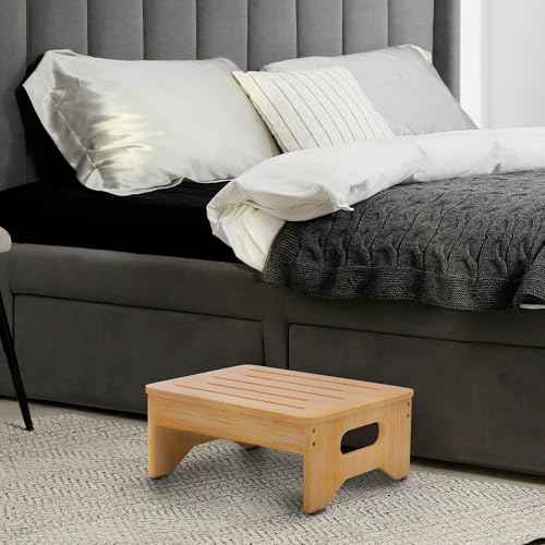 Wooden Step Stool for Adults & Kids, Non-Slip Rubber Feet, 6.5 Inch High, Lightweight Small Step, 400 Lbs Capacity, Bed Step Stool for High Bed, Bathroom & Kitchen, Bamboo