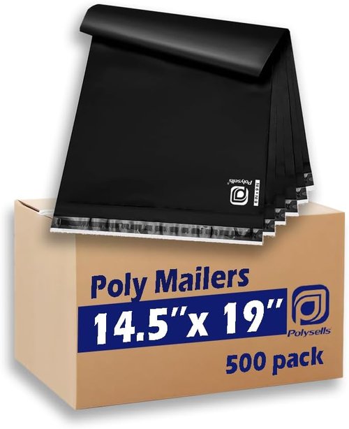 POLYSELLS Black Poly Mailers - 500 Pcs 14.5x19 Inches, Waterproof & Tear-Resistant Shipping Envelopes