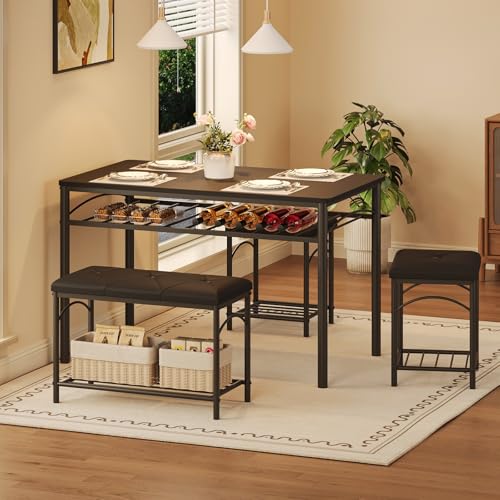 GarveeHome 4-Person Dining Table Set with Upholstered Benches, Black for 4