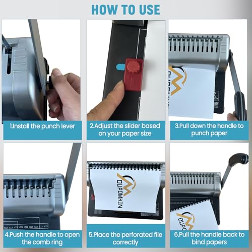 Comb Binding Machine 21 Holes 450 Sheets Binding Machine Includes 100 PCS Rubber Ring Fits Letter Size, A4, A5 or Smaller Sizes