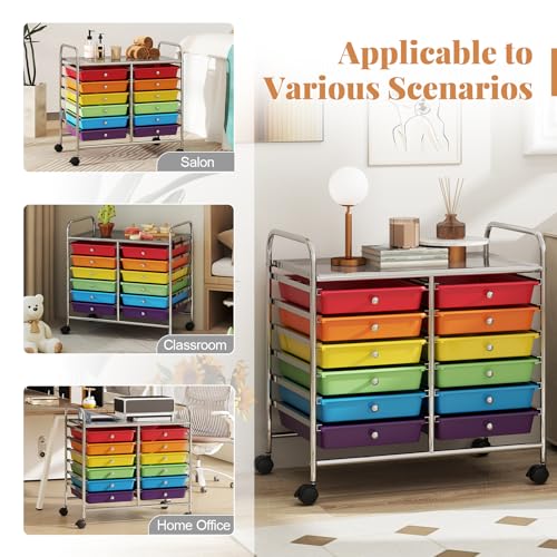 RELAX4LIFE 12-Drawer Rolling Storage Cart, Colorful 24.5'' Mobile Craft Organizer