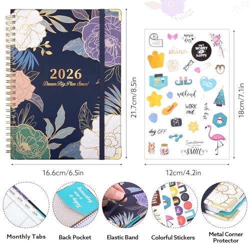 2026 Planner, Weekly and Monthly Planner, January 2026 - December 2026, Calendar Planner A5 (6.5" x 8.5") with Tabs, Inner Pocket for Home School Office Supplies, Blue Flower