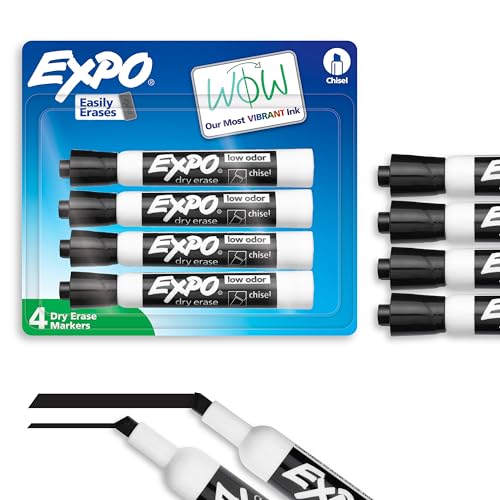 EXPO Low Odor Black Chisel Tip Dry Erase Markers - 4 Pack for Whiteboards & Glass Surfaces