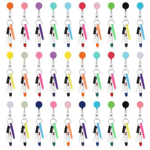 Fulmoon 150 Pcs Nurse Pen Set 30 Retractable Nursing Badge Reel 30 Ballpoint Pens 30 Mini Highlighter 30 Permanent Marker Pen 30 Metal Open Circles for Christmas (Bright Color,Classic)