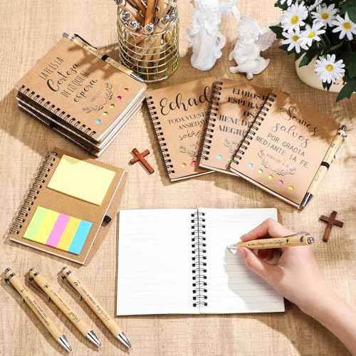 20 Set Spanish Christian Gifts Bulk Religious Notebooks with Bible Verse Pen, Inspirational Spiral Prayer Journal Notepad and Pen Set Church Gifts for Women Men Family Sunday School Church (Kraft)