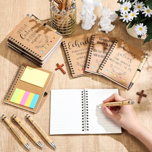 30 Set Spanish Christian Gifts Bulk Religious Notebooks with Bible Verse Pen, Inspirational Spiral Prayer Journal Notepad and Pen Set Church Gifts for Women Men Family Sunday School Church (Kraft)