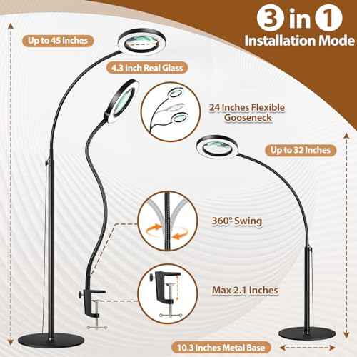 8X Magnifying Glass with Light and Stand, Krstlv 24" Flexible Gooseneck Magnifying Floor Lamp, 3-in-1 LED 5 Color Modes Stepless Dimmable Lighted Magnifier Hands Free for Close Work, Hobby, Esthetican