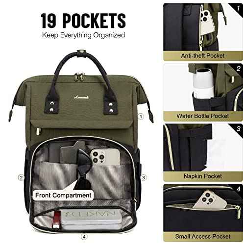 LOVEVOOK Laptop Backpack for Women, 17-inch Large Capacity Fashion Work Computer Backpacks, Travel Business Bags Purse, Teacher Doctor Nurse Backpack with USB Port, Army Green-Black