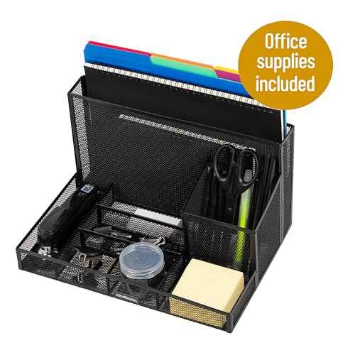 Mind Reader Desktop Organizer with Office Supplies Included, Vertical File, Storage, Metal, 12.5"L x 9"W x 7.25"H, Black