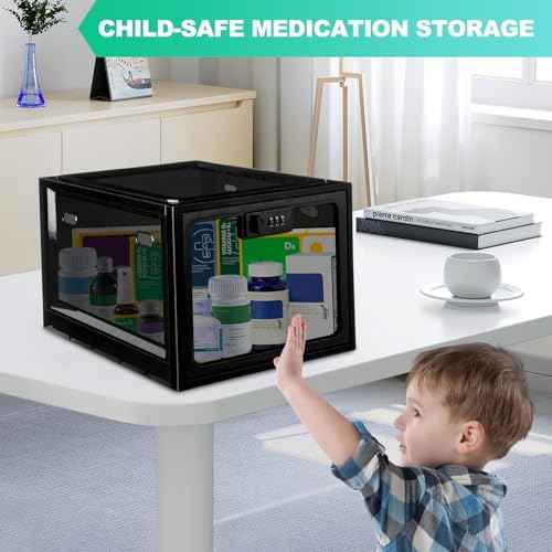 Medicine Lock Box with Code, 12.6L Large Lockable Storage Box for Medication, Snacks, Phone, and Electronics - BPA-Free, Clear Design with Charger Holes for Home, Office, Dorm, and Fridge