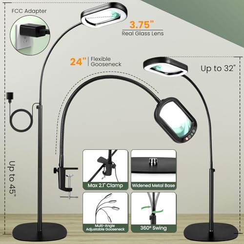 10X Rectangular Magnifying Glass with Light and Stand, 24" Flexible Gooseneck Floor Lamp, 3-in-1 LED 5 Color Modes, Brightness Stepless Dimmable Lighted Magnifier Hands Free for Craft, Hobby, Reading